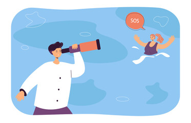 Man looking through telescope at drowning woman. Girl waving and asking for help and rescue flat vector illustration. Danger on water, emergency concept for banner, website design or landing web page