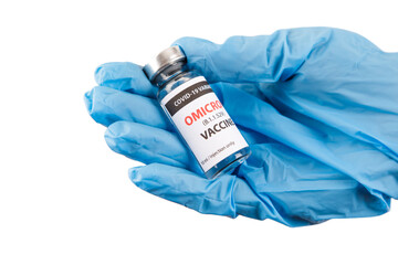 covid 19 OMICRON Variant vaccine in hand on the white background.