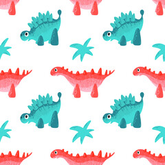 Vector seamless pattern with two cartoon dinosaurs: red and blue. Cute children’s character. Nice illustration for wallpaper, fabric, textile 