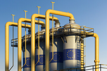 Natural gas tank in gas factory with European union flag - obrazy, fototapety, plakaty