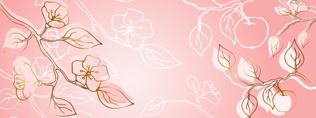 apple tree pink background flowers branch doodle white golden horizontal banner
