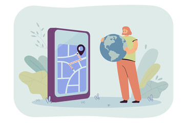 Tiny girl holding globe in front of smartphone with map on display. Woman choosing route to reach destination via app flat vector illustration. GPS concept for banner, website design, landing web page