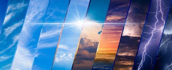 Weather forecast background, climate change concept, collage of images with variety weather conditions - bright sun and blue sky, stormy sky with lightnings, sunset and night