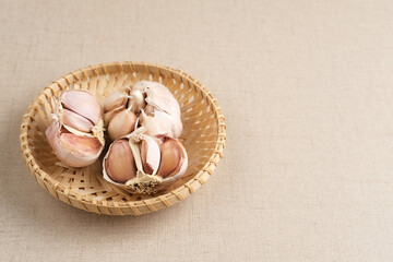 Lots of fresh garlic. Close up and copy space.
