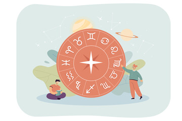 Tiny persons and horoscope circle with zodiac signs. Stars, constellations and planets in sky flat vector illustration. Astrology, astronomy concept for banner, website design or landing web page