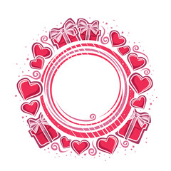 Vector Frame for Valentine's Day with copyspace, round template with illustration of many variety contour hearts, decorative gift boxes with bows for valentines day advertising on white background