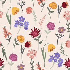 vector seamless pattern with colorful flowers on a light background