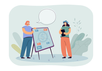Analysis of data, profits for student from analyst. People standing near coin research presentation flat vector illustration. Financial literacy concept for banner, website design or landing web page