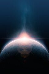 Epic scifi planet in deep space with smoke and lens flare. Science fiction book cover background....
