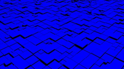 Blue abstraction with moving square elements, cool light and shadows. Beautiful, voluminous texture. 3D image.
