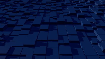 Dark blue abstraction with moving square elements and shadows. Beautiful, voluminous texture. 3D image.
