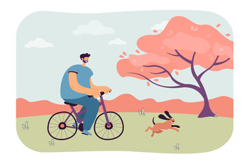 Naklejka premium Happy man and dog on bike fun ride in nature landscape. Active person riding bicycle flat vector illustration. Cycling holiday, healthy lifestyle concept for banner, website design or landing web page