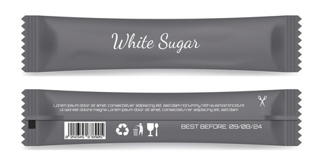 Realistic white sugar sachet, white sugar in paper kraft packaging, Mock up for design isolated on white 
background, packet mockup for food sweetener.
