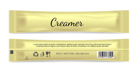 Realistic creamer sachet, creamer in paper kraft packaging, Mock up for design isolated on white background, packet mockup for food sweetener.
