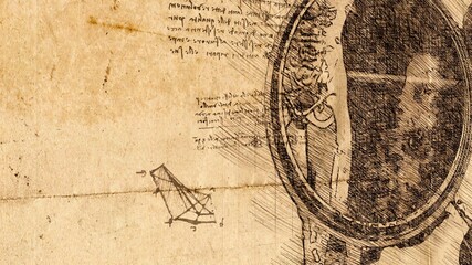 3d illustration - Anatomy of man under magnifying glass in Leonardo Da Vinci style. Digital sketch representation.