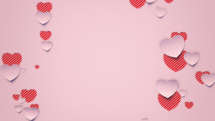 Pink and Red striped Valentine Wallpaper with cut-out love hearts. Paper Heart background with copy space.
