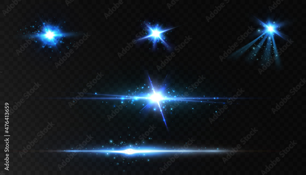 Aufkleber bright blue light effect with rays and lens flares for vector illustration.