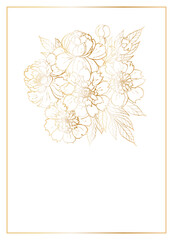 Template for invitations, weddings, postcards. Border rectangular frame with a bouquet of blooming peonies. Gold gradient on a white background. Place for your text.