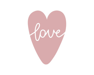 Lettering Love. Vector illustration with handwriting text in pink heart shape. Isolated on white background. Greeting card for Valentine's Day.