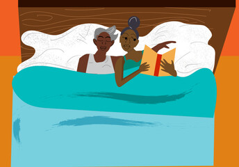 Lesbian woman sleeping while her partner is reading a book in bed 