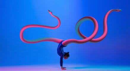 Young girl, flexible gymnast doing sport excercise isolated on blue background in neon light. Contemporary art collage. Illusion.
