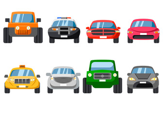 Cars front view cartoon vector illustration set. Different colorful transport vehicle including police car and taxi on white background. Means of transport, travel transportation concept