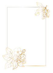 Template for wedding invitations, weddings, postcards. Border rectangular frame with a bouquet of blossoming branches of sakura, apple, almond. Gold gradient on a white background. 