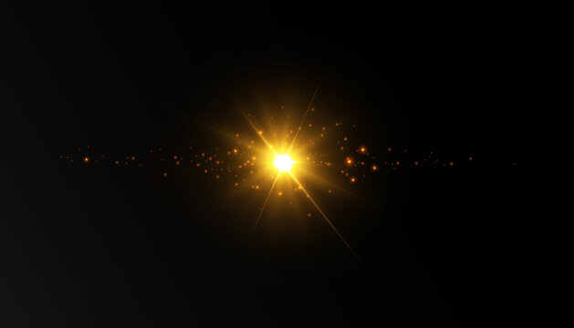 Bright yellow light effect with rays and highlights for vector illustration.