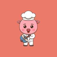 Cute pig chef with whisk and mixing bowl