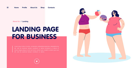 Two girls with different body shapes and diets. Athletic female character holding apple, overweight woman with burger flat vector illustration. Healthy lifestyle concept for banner, website design