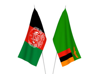 National fabric flags of Republic of Zambia and Islamic Republic of Afghanistan isolated on white background. 3d rendering illustration.