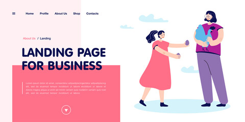 Mother and daughter with hen and eggs. Flat vector illustration. Cartoon woman holding chicken in her hands and girl showing white chicken eggs. Farm, animal, cattle breeding, food, poultry concept