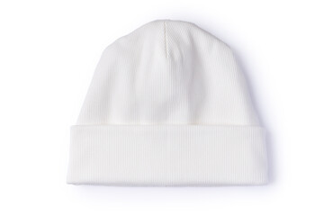White beanie hat isolated on white background. Top view of trendy youth headwear