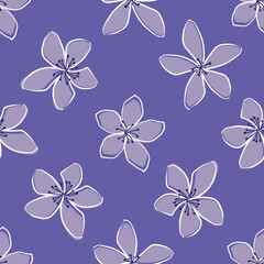 Jasmine floral vector seamless pattern background. Line art hand drawn flower heads, blossom, petals. Monochrome periwinkle purple violet backdrop.Botanical repeat for medicinal healing plant.