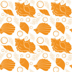 Orange flat outline sea shells, bubbles seamless pattern for fabric, textile, apparel, interior, stationery, wrapping paper, scrapbooking. Trendy marine endless texture. Exotic ocean shells contours