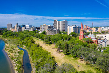 Aerial view of the downtown area of Saskatoon, Saskatchewan, Canada