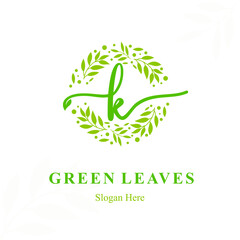 Creative Modern Initial k Letter with Circle Leaves Frame for Eco Friendly Fashion, Beauty Cosmetic, Make up, Soap, Environment Consultant Service Business Logo Vector Idea Design