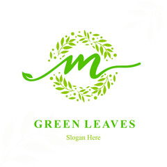 Creative Modern Initial m Letter with Circle Leaves Frame for Eco Friendly Fashion, Beauty Cosmetic, Make up, Soap, Environment Consultant Service Business Logo Vector Idea Design