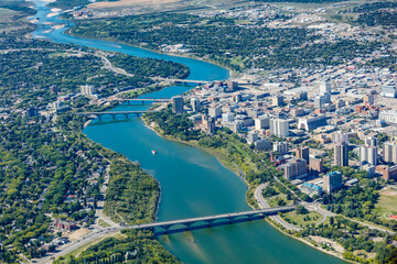 Aerial view of the downtown area of Saskatoon, Saskatchewan, Canada