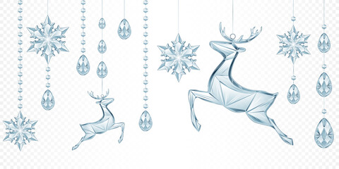Crystal transparent blue snowflakes and deer, isolated. © Aliona Manakova