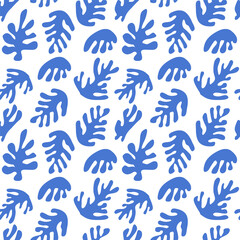 Trendy seamless pattern with abstract organic cut out Matisse inspired shapes of algae or corals in blue color. Vector illustration in flat style for wrapping paper, textile print, wallpaper.