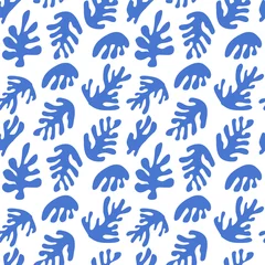 Keuken foto achterwand Organische vormen Trendy naadloos patroon met abstracte organische uitgesneden Matisse geïnspireerde vormen van algen of koralen in blauwe kleur. Vectorillustratie in vlakke stijl voor inpakpapier, textieldruk, behang.