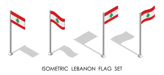 isometric flag of Republic of LEBANON in static position and in motion on flagpole. 3d vector