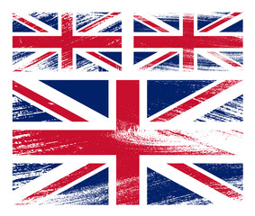 set of United Kingdom of Great Britain flag chalk scratch paint grunge textures on white background. Texture of old poster back with Britain flag. Vector
