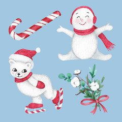 Christmas illustration, cute white bear skating and funny snowman, candy cane and Christmas bouquet