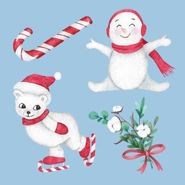 Christmas illustration, cute white bear skating and funny snowman, candy cane and Christmas bouquet
