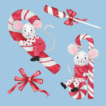 Christmas illustration, cute mouse with candy cane, Christmas sweets and lollipop.