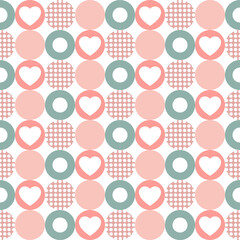 Retro seamless geometric pattern with heart and circle. Heart pattern minimalistic artwork poster.  Vector pattern design for web banner,  branding package, fabric print, wallpaper