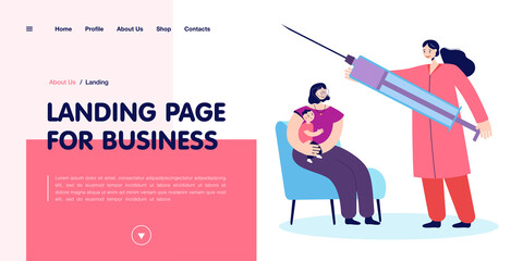 Doctor giving injection to child. Vaccination of population. Female doctor giving shot of medicine to patient. Mother holding little kid. Medical concept for banner, website design or landing web page