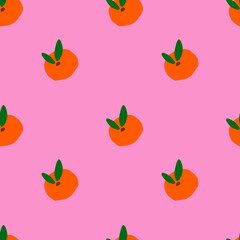 Hand drawn colorful seamless pattern with tangerines in naive style. Oranges pattern in bold colors.